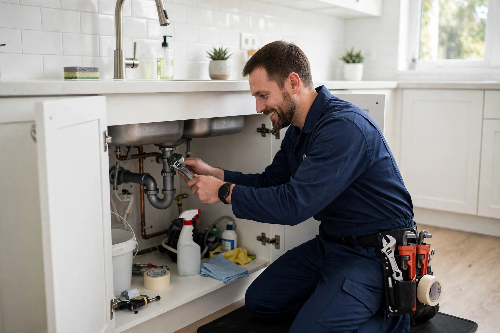 Plumber repairing a kitchen sink in a bright Alpharetta home