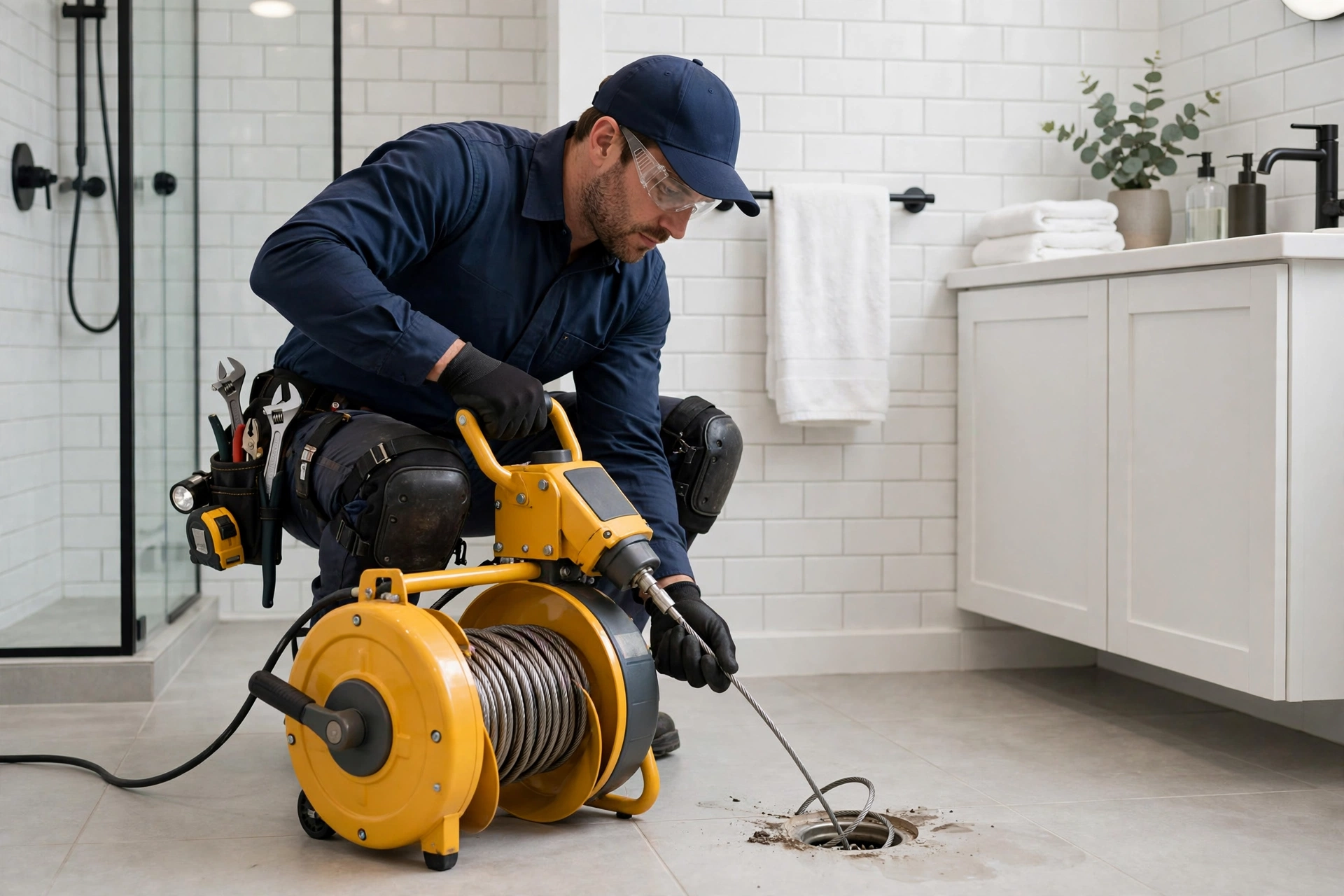 Plumber clearing a clogged drain with a professional auger