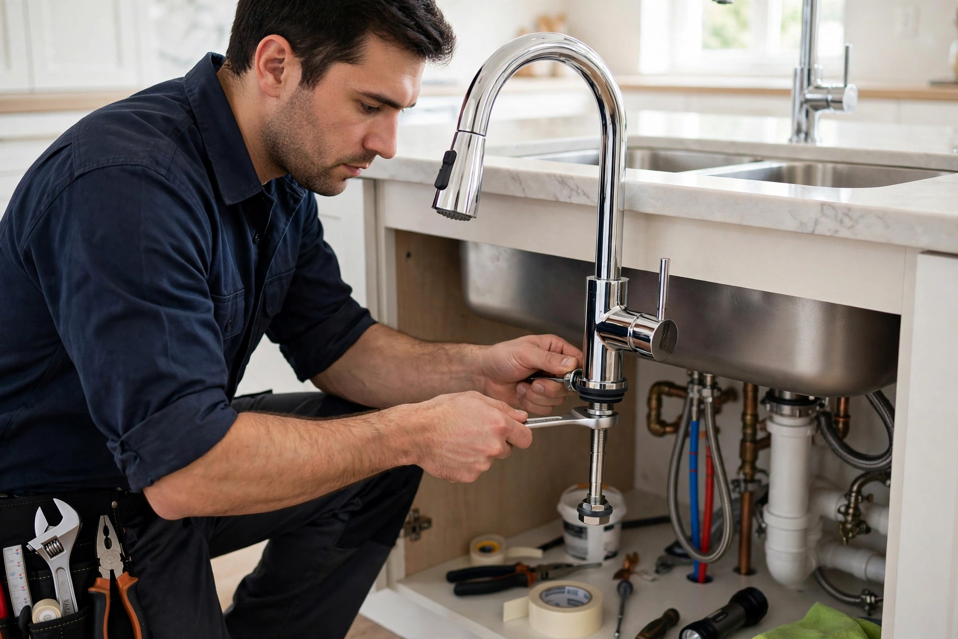 Plumber installing a new kitchen faucet