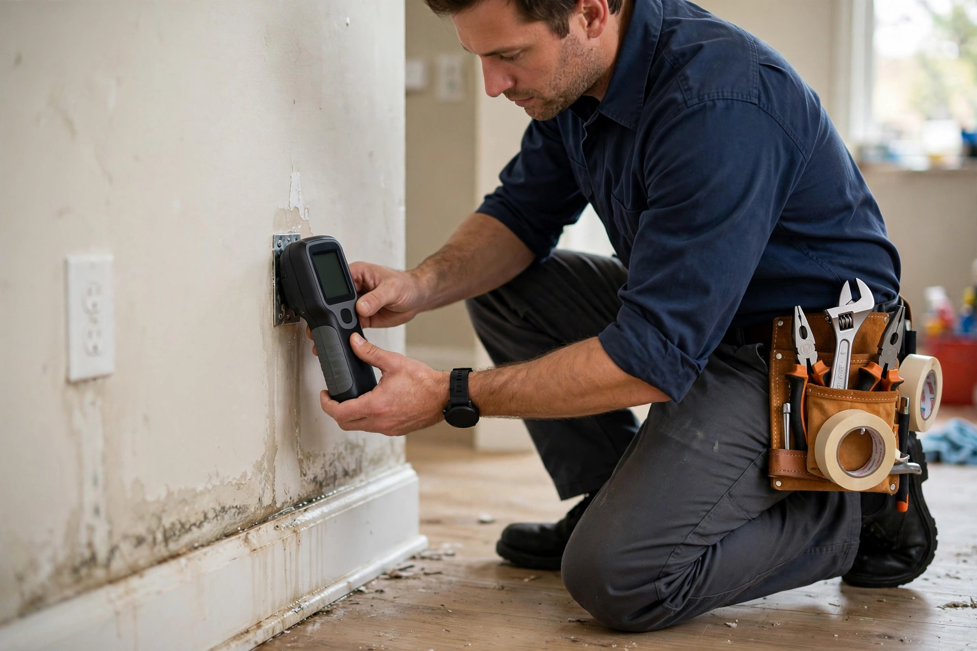 Technician using a meter to locate a hidden water leak