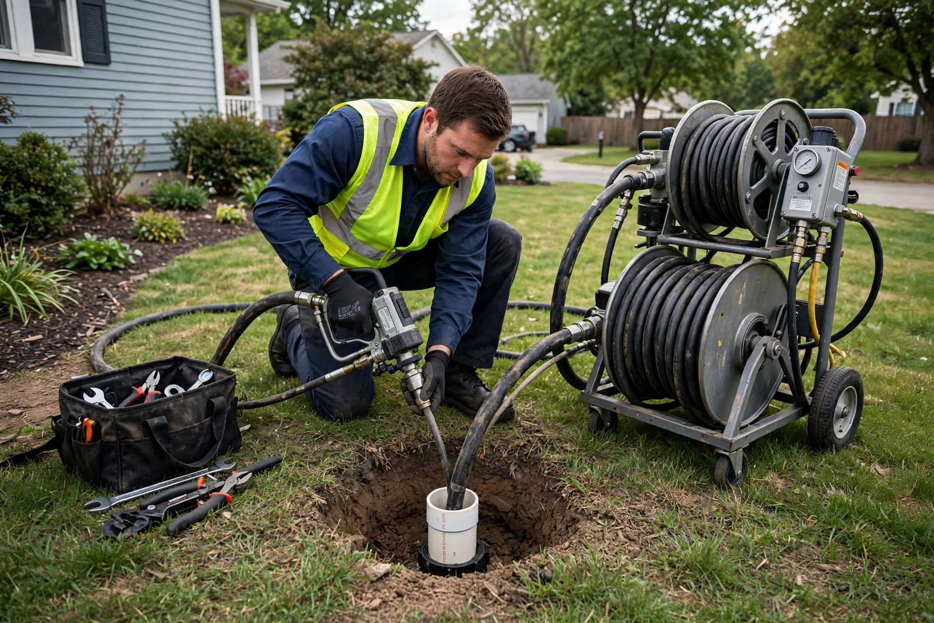 Plumber repairing a sewer line cleanout outdoors