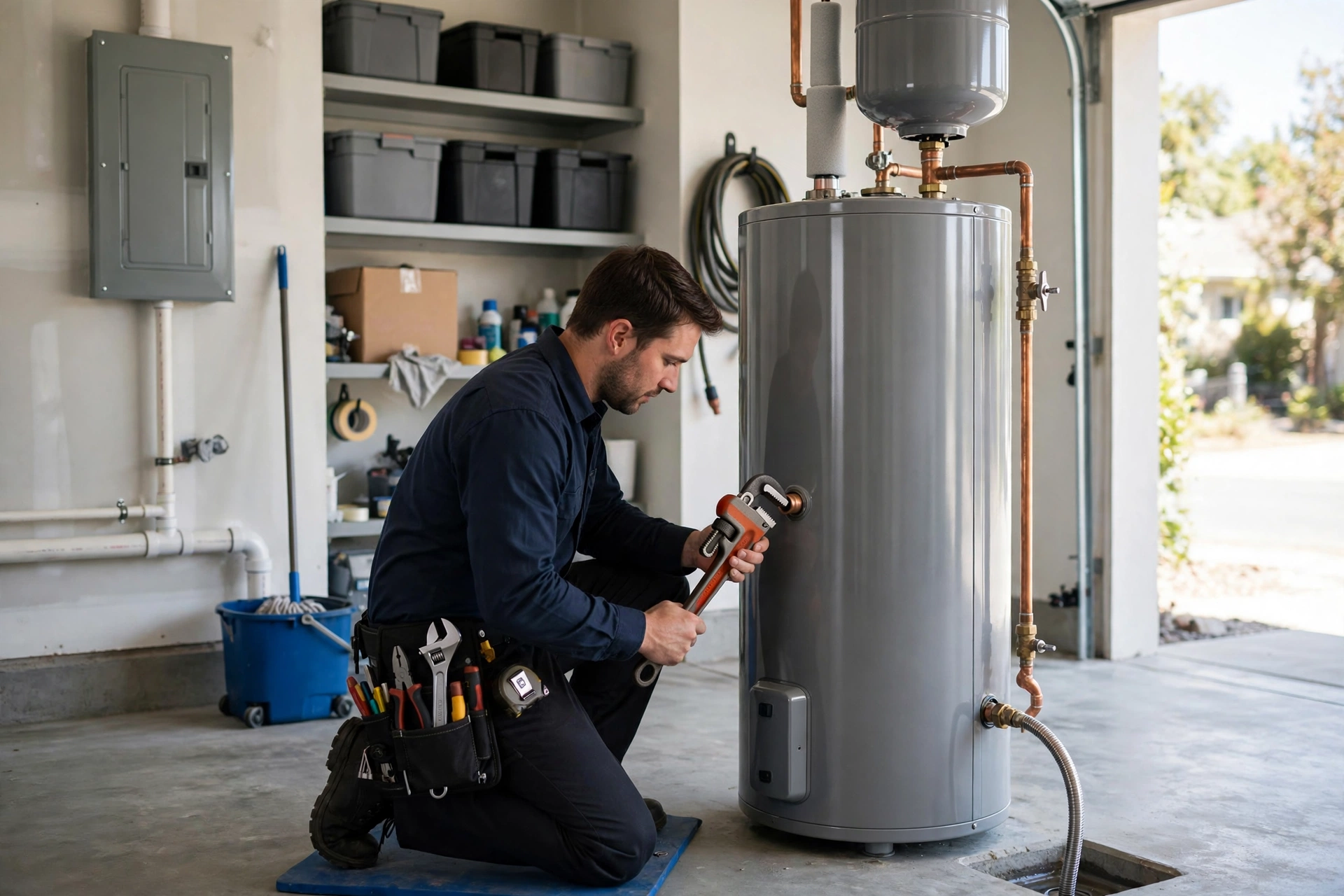 Plumber installing a new residential water heater